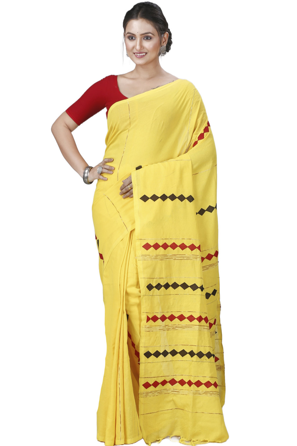 Yellow Pure Cotton Tika Applique Saree (1244)